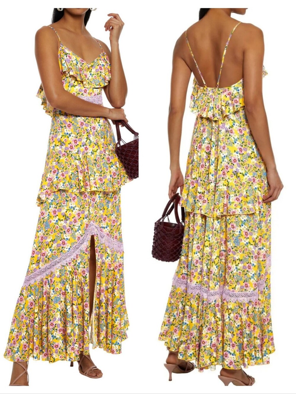 charo ruiz ibiza amelia ruffled crocheted lace-trimmed floral voile maxi Dress S